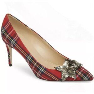 J.Crew Lucie Pump Tartan Plaid Star Sequins Red Plaid Sz 9.5 EUC